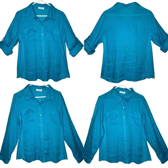 Calvin Klein Teal Blue 100% Linen Long Roll Tab Sleeve Button Up Shirt Size 1X - Picture 14 of 14